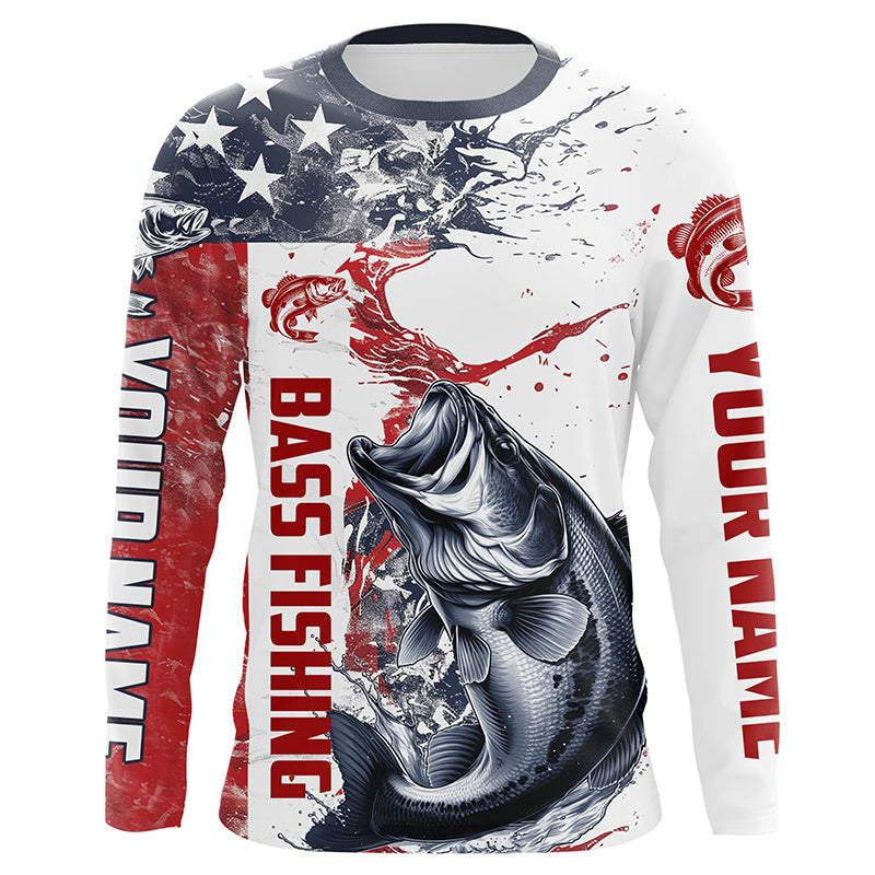 Personalized American Flag Bass Fishing Shirts, Bass Long Sleeve Tournament Fishing Jerseys IPHW6004