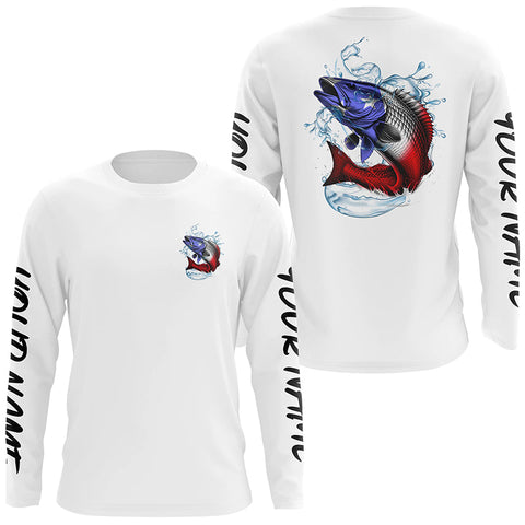 Personalized American Flag Redfish Fishing Shirts, Patriotic Redfish Long Sleeve Fishing Shirts IPHW6272
