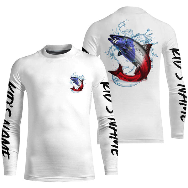 Personalized American Flag Chinook Salmon Fishing Shirts, Patriotic Salmon Long Sleeve Fishing Shirt IPHW6273