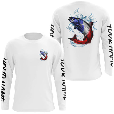 Personalized American Flag Chinook Salmon Fishing Shirts, Patriotic Salmon Long Sleeve Fishing Shirt IPHW6273