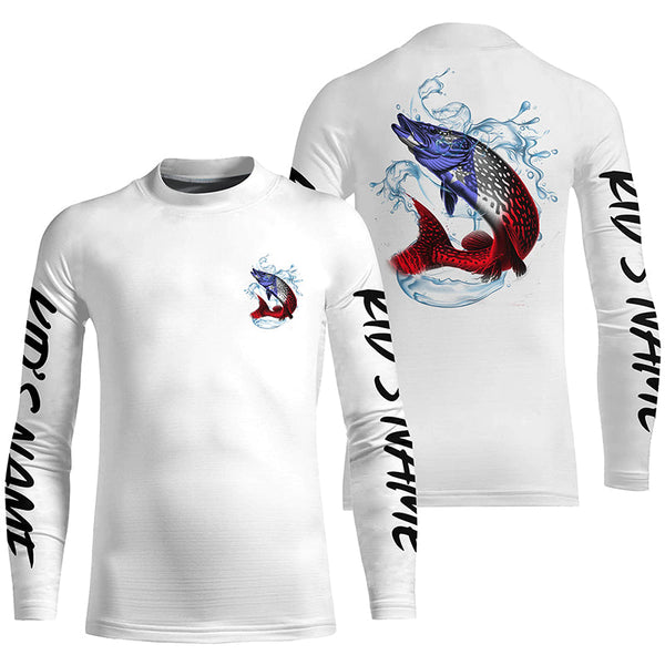 Personalized American Flag Northern Pike Fishing Shirts, Patriotic Pike Long Sleeve Fishing Shirts IPHW6275