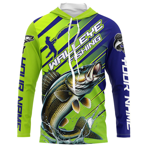 Walleye Fishing Custom Long Sleeve Tournament Shirts, Green And Blue Walleye Fishing Jerseys IPHW6279