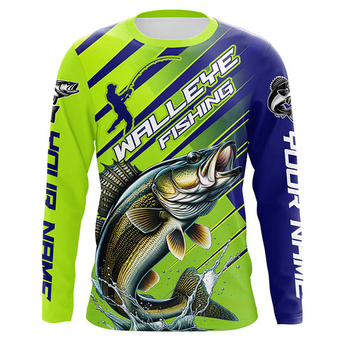 Walleye Fishing Custom Long Sleeve Tournament Shirts, Green And Blue Walleye Fishing Jerseys IPHW6279