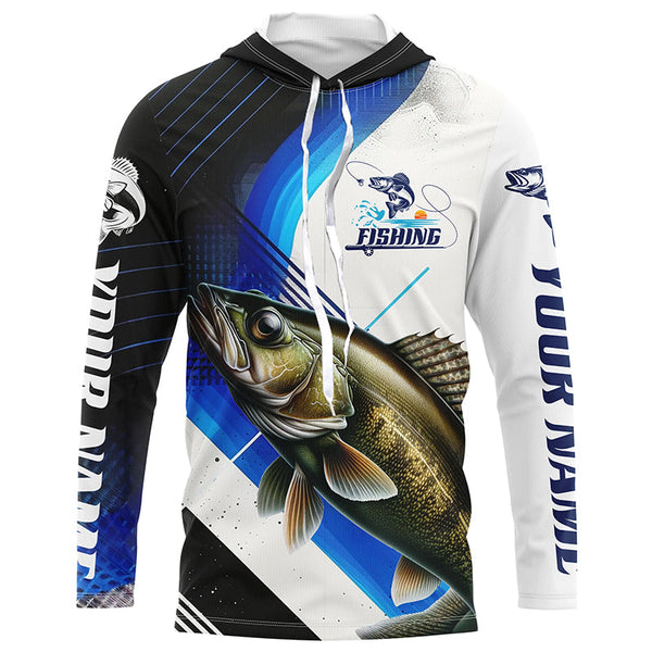 Custom Walleye Bass Fishing Jerseys, Walleye Long Sleeve Tournament Fishing Shirts | Blue IPHW6284