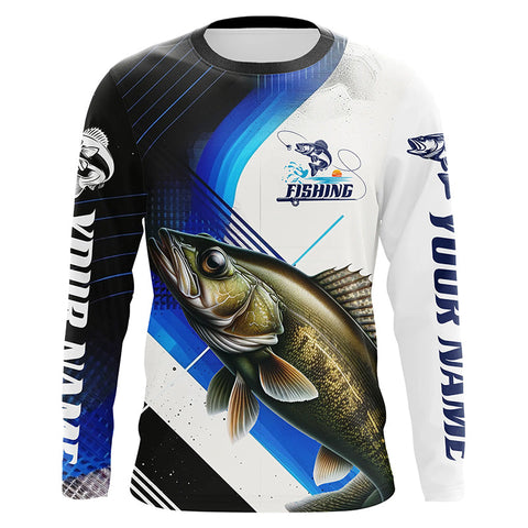 Custom Walleye Bass Fishing Jerseys, Walleye Long Sleeve Tournament Fishing Shirts | Blue IPHW6284