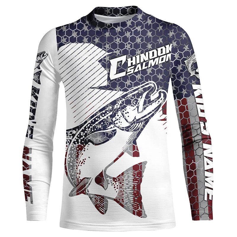 Chinook King Salmon American Flag Custom Fishing Shirts, Patriotic