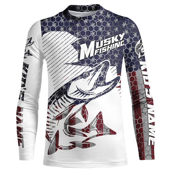 Musky American Flag Custom Fishing Shirts, Patriotic Muskie Fishing Jerseys IPHW4741