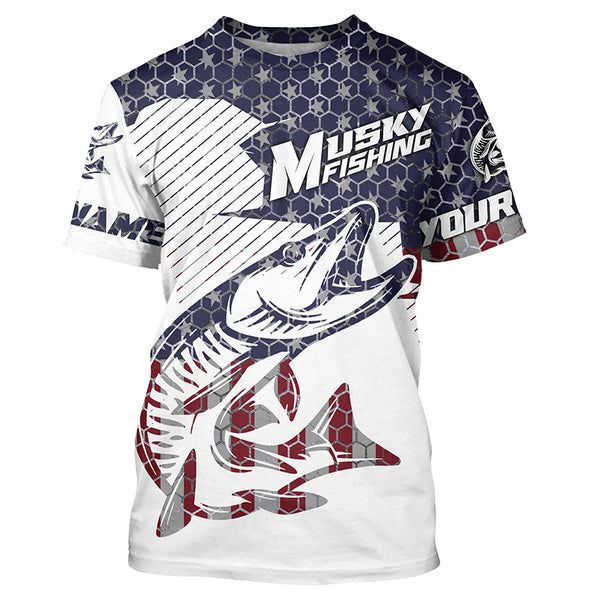 Musky American Flag Custom Fishing Shirts, Patriotic Muskie Fishing Jerseys IPHW4741