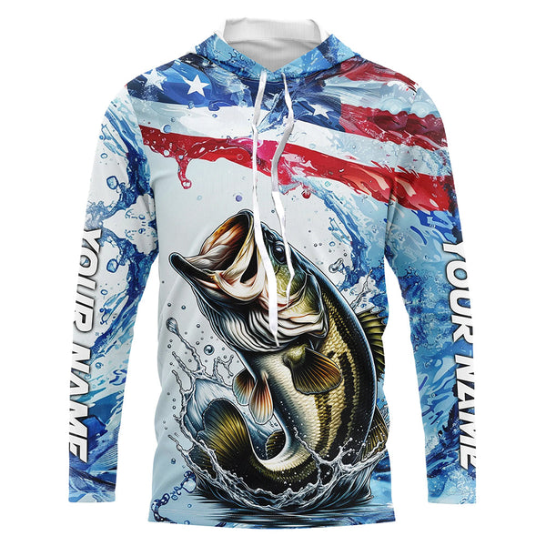 Personalized American Flag Bass Fishing Shirts, Patriotic Bass Long Sleeve Tournament Fishing Shirt IPHW6321