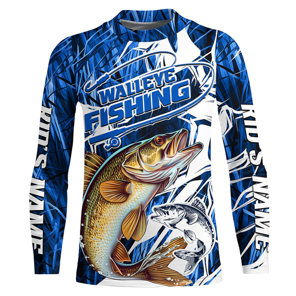 Personalized Walleye Long Sleeve Performance Fishing Shirts, Walleye Fishing Jerseys | Blue Camo IPHW6366