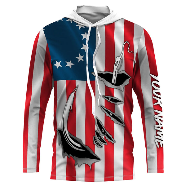 3D Fish Hook Old American Flag Custom Fishing Shirts, Patriotic Long Sleeve Fishing Shirts IPHW4787