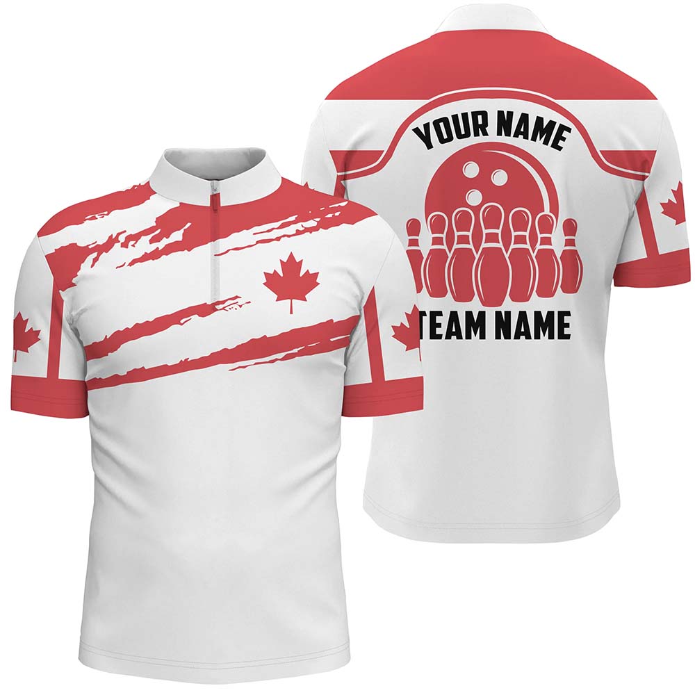 Canada Bowling Quarter Zip Shirts For Men, Custom Canadian Flag Bowling Team Jersey Bowler Outfit IPHW5259