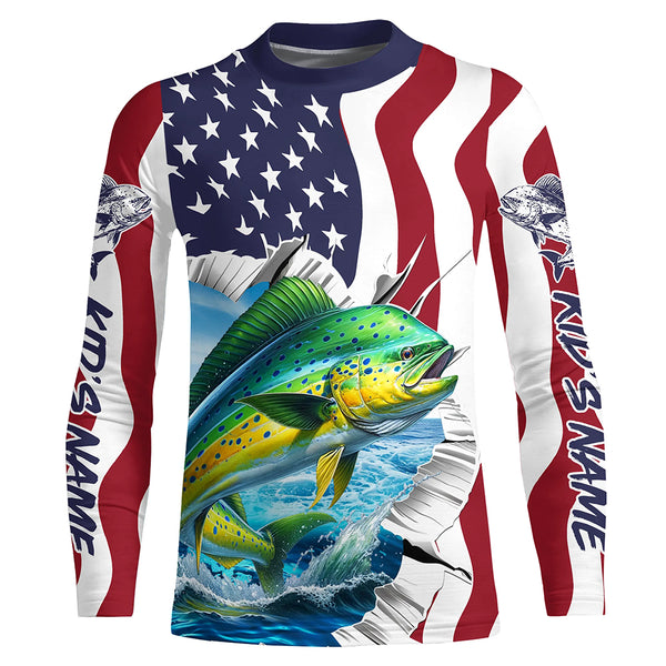 Custom American Flag Mahi Mahi Long Sleeve Fishing Shirts, Patriotic Mahimahi Fishing Jerseys IPHW6118