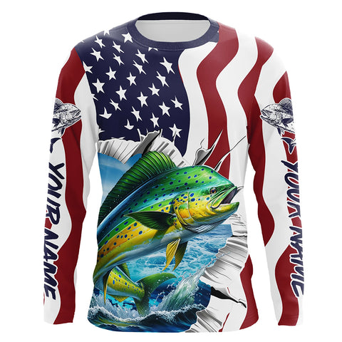 Custom American Flag Mahi Mahi Long Sleeve Fishing Shirts, Patriotic Mahimahi Fishing Jerseys IPHW6118