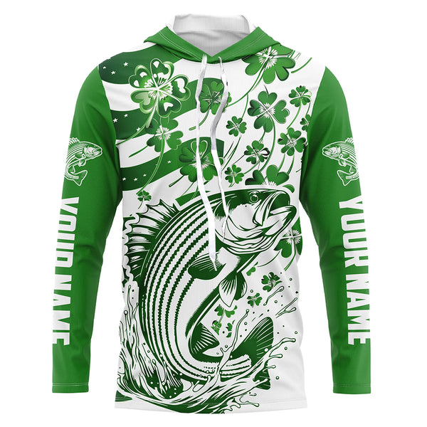 Custom St Patrick'S Day American Flag Striped Bass Fishing Shirts, Patriotic Striper Fishing Jerseys IPHW5897