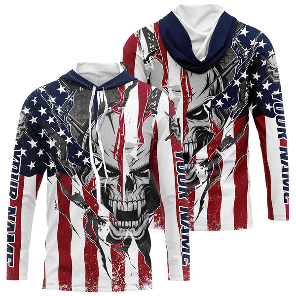 American Flag Custom Skull Long Sleeve Fishing Shirts, Patriotic Personalized Fishing Jersey IPHW6995