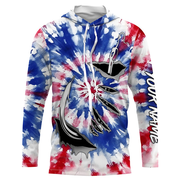 Custom Fish Hook American Flag Tie Dye Camo Long Sleeve Fishing Shirts, Patriotic Fishing Jerseys IPHW4697