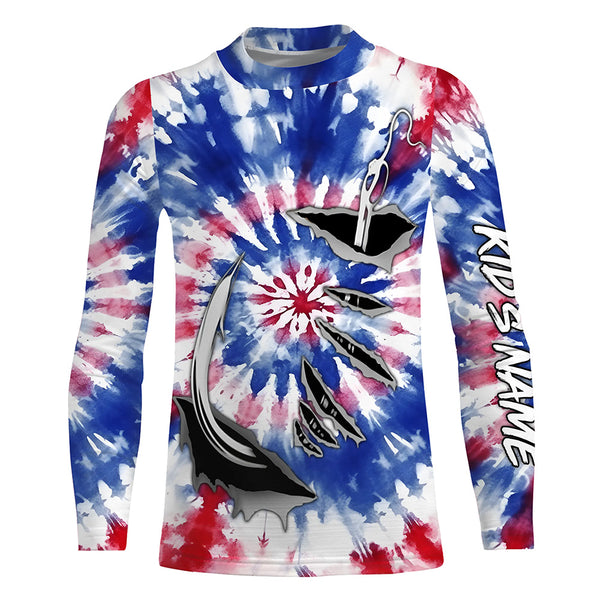 Custom Fish Hook American Flag Tie Dye Camo Long Sleeve Fishing Shirts, Patriotic Fishing Jerseys IPHW4697