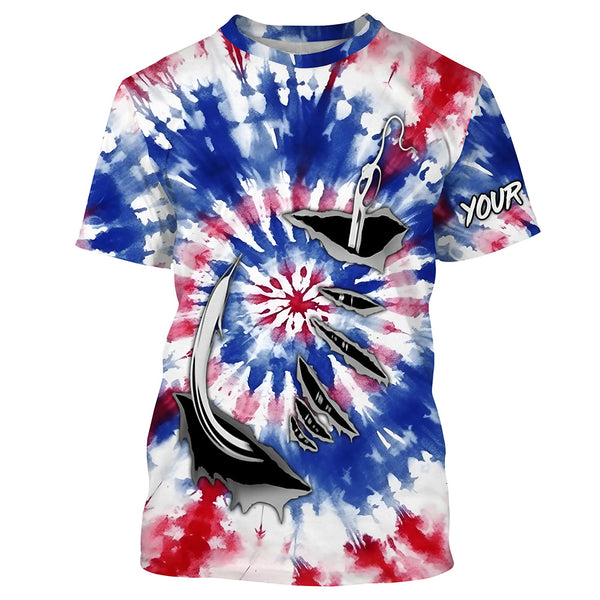 Custom Fish Hook American Flag Tie Dye Camo Long Sleeve Fishing Shirts, Patriotic Fishing Jerseys IPHW4697