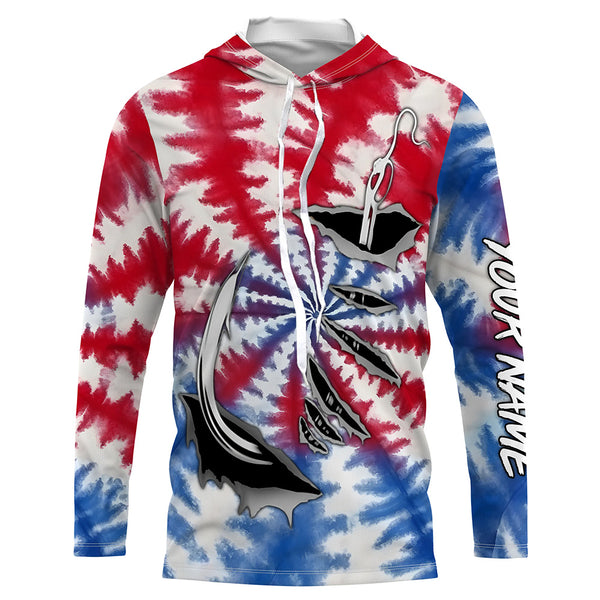 Custom Fish Hook American Flag Tie Dye Camo Long Sleeve Fishing Shirts, Patriotic Fishing Jerseys IPHW4698