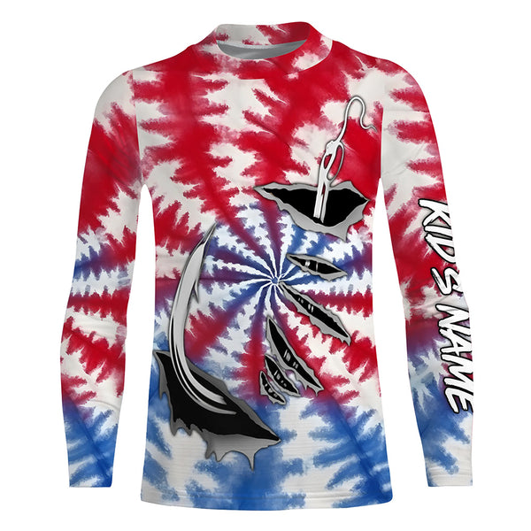 Custom Fish Hook American Flag Tie Dye Camo Long Sleeve Fishing Shirts, Patriotic Fishing Jerseys IPHW4698