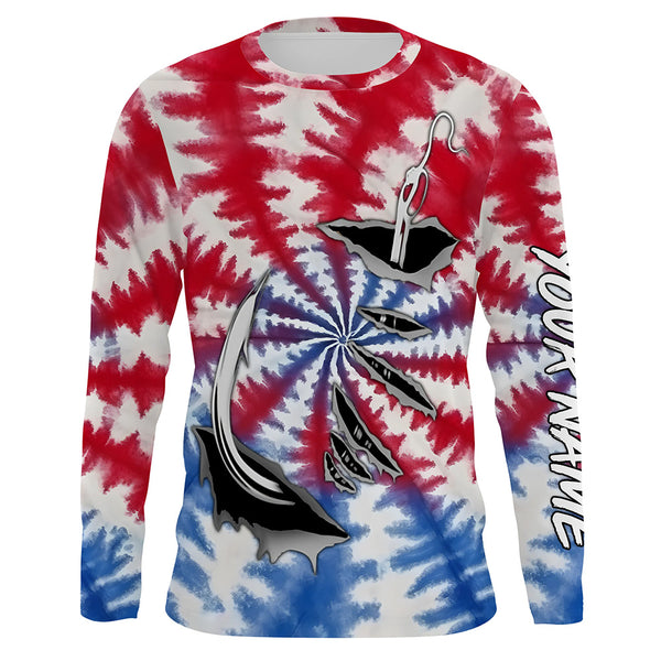 Custom Fish Hook American Flag Tie Dye Camo Long Sleeve Fishing Shirts, Patriotic Fishing Jerseys IPHW4698