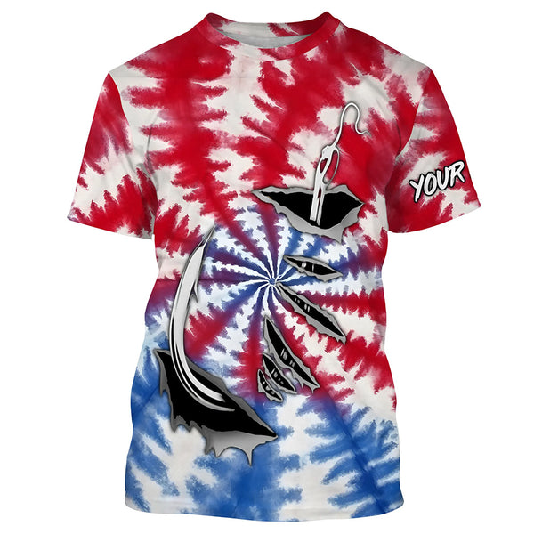 Custom Fish Hook American Flag Tie Dye Camo Long Sleeve Fishing Shirts, Patriotic Fishing Jerseys IPHW4698