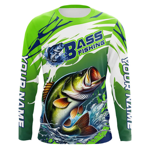 Custom Bass Fishing Jersey, Bass Long Sleeve Uv Protection Fishing Shirts | Green IPHW6868