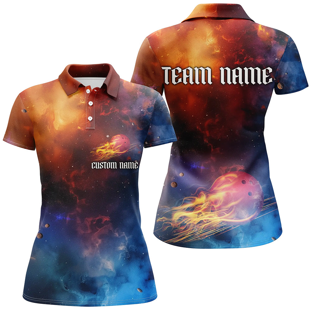 Galaxy Bowling Shirts For Women, Custom Name Flame Bowling Ball Team Jerseys IPHW6191