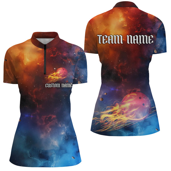 Galaxy Bowling Shirts For Women, Custom Name Flame Bowling Ball Team Jerseys IPHW6191
