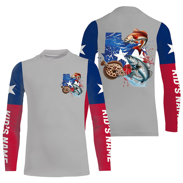 Personalized Texas Flag Fishing Shirts, Texas Slam Redfish Trout Flounder Long Sleeve Fishing Shirts IPHW7216