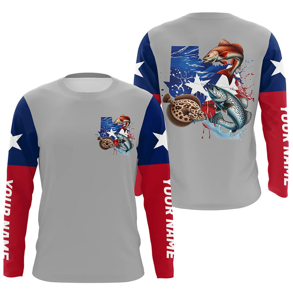 Personalized Texas Flag Fishing Shirts, Texas Slam Redfish Trout Flounder Long Sleeve Fishing Shirts IPHW7216