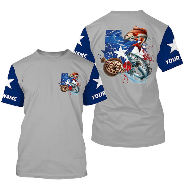 Personalized Texas Flag Fishing Shirts, Texas Slam Redfish Trout Flounder Long Sleeve Fishing Shirts IPHW7216