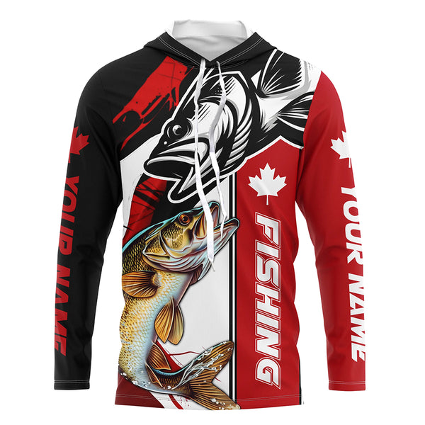 Canadian Flag Cuswom Walleye Long Sleeve Fishing Shirts, Canada Flag Walleye Fishing Jerseys IPHW6202