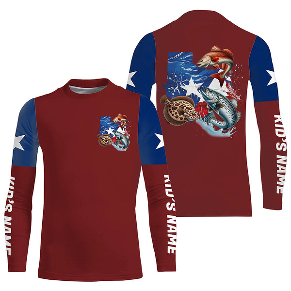 Personalized Texas Flag Fishing Shirts, Texas Slam Redfish Trout Flounder Long Sleeve Fishing Shirts IPHW7252