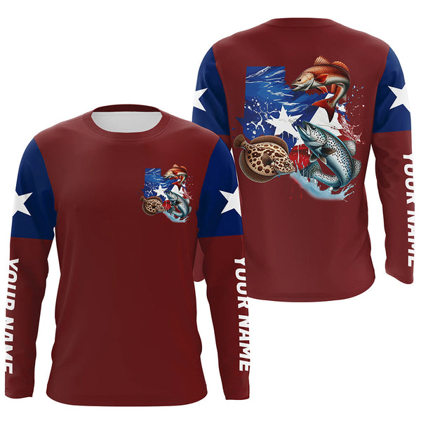 Personalized Texas Flag Fishing Shirts, Texas Slam Redfish Trout Flounder Long Sleeve Fishing Shirts IPHW7252