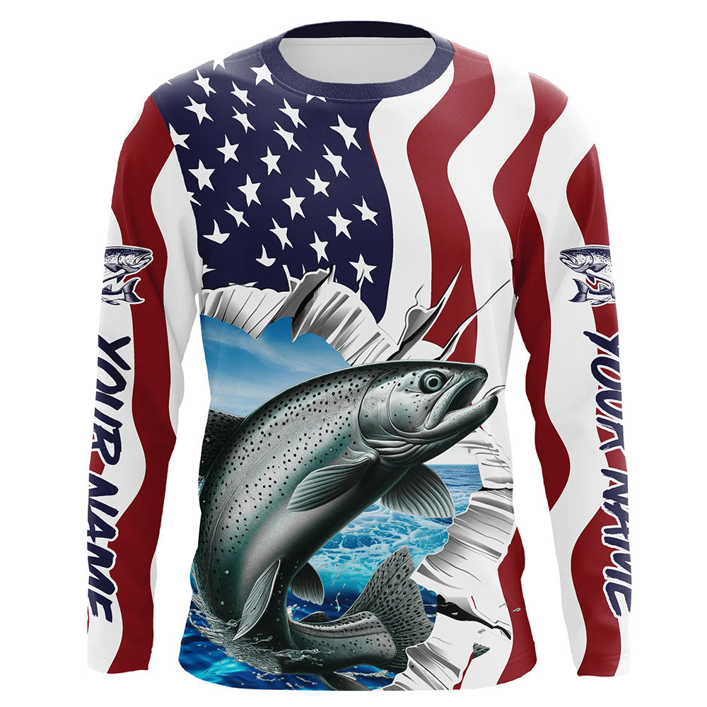 Custom American Flag Chinook Salmon Fishing Long Sleeve Shirts, Patriotic Salmon Fishing Jerseys IPHW6529