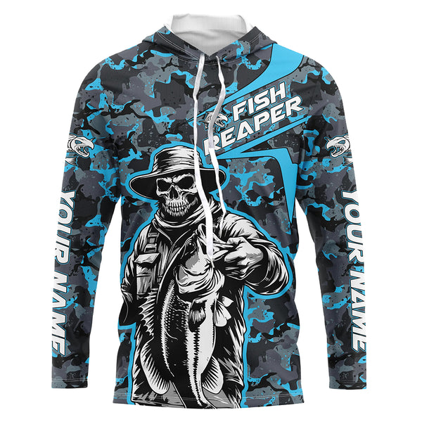 Custom Fish Reaper Skull Bass Long Sleeve Fishing Shirt, Bass Hunter Blue Camo Fishing Jerseys IPHW5638