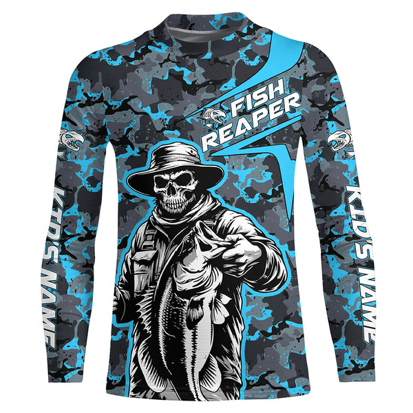 Custom Fish Reaper Skull Bass Long Sleeve Fishing Shirt, Bass Hunter Blue Camo Fishing Jerseys IPHW5638