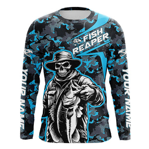 Custom Fish Reaper Skull Bass Long Sleeve Fishing Shirt, Bass Hunter Blue Camo Fishing Jerseys IPHW5638