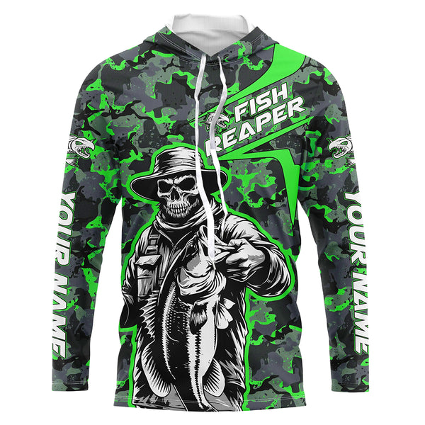 Custom Fish Reaper Skull Bass Long Sleeve Fishing Shirt, Bass Hunter Green Camo Fishing Jerseys IPHW5639