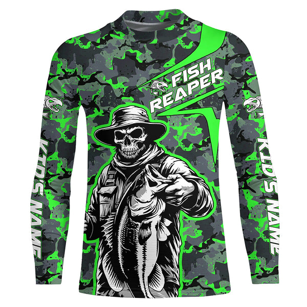 Custom Fish Reaper Skull Bass Long Sleeve Fishing Shirt, Bass Hunter Green Camo Fishing Jerseys IPHW5639