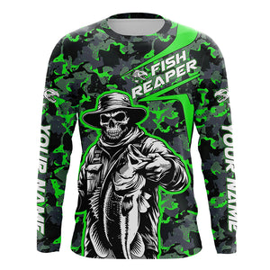 Custom Fish Reaper Skull Bass Long Sleeve Fishing Shirt, Bass Hunter Green Camo Fishing Jerseys IPHW5639