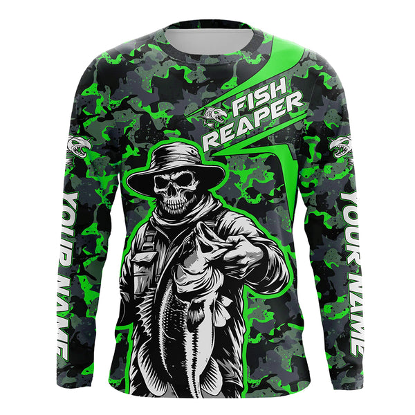 Custom Fish Reaper Skull Bass Long Sleeve Fishing Shirt, Bass Hunter Green Camo Fishing Jerseys IPHW5639