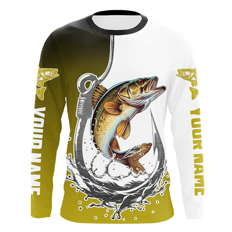 Custom Walleye Long Sleeve Fishing Shirts, Fish Hook Shirt Design Walleye Fishing Jerseys IPHW6223