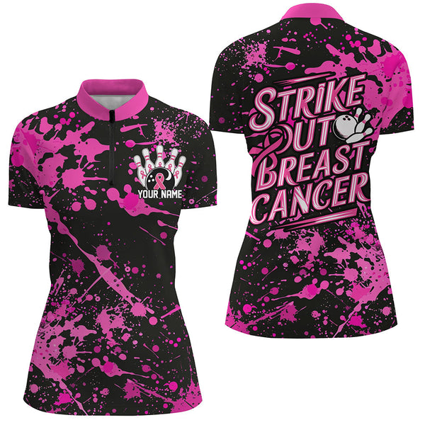 Black And Pin Strike Out Breast Cancer Pink Ribbon Custom Breast Cancer Ladies Bowling Shirt IPHW7049