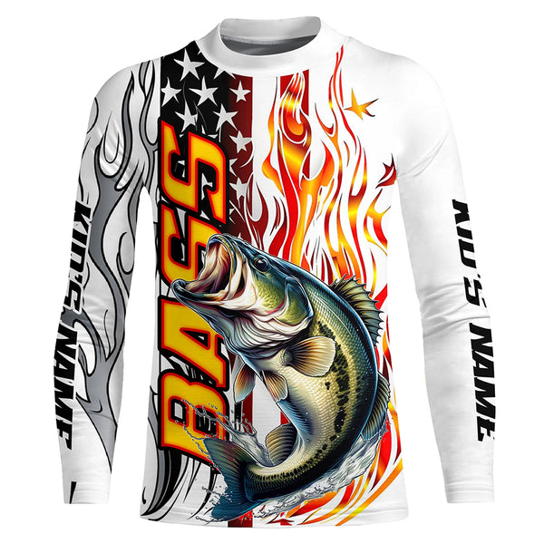 Flame American Flag Custom Bass Long Sleeve Fishing Shirts, Patriotic Bass Fishing Jerseys IPHW5940