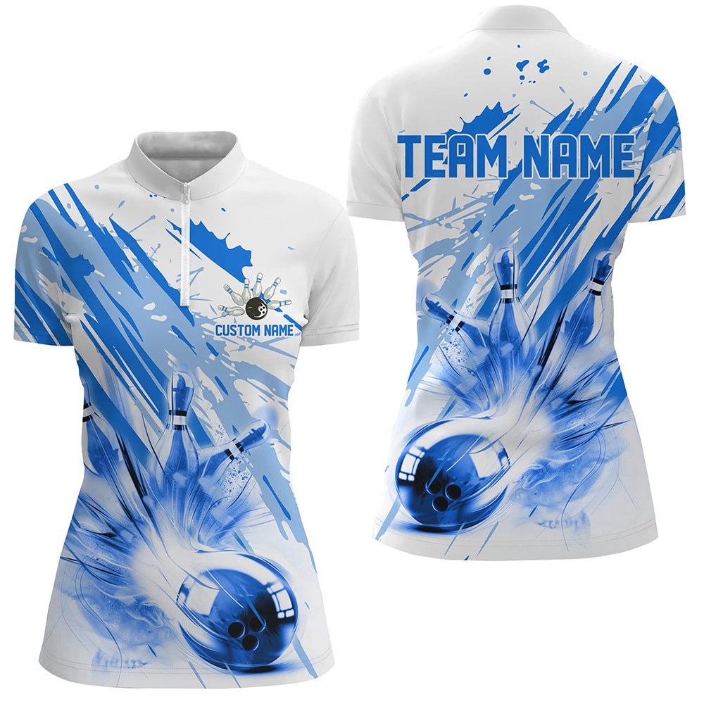 Blue Bowling Strike Custom Bowling Polo/ Quarter Zip Team Shirts, Women Bowling Outfit IPHW6262