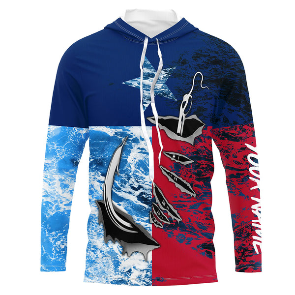Texas Flag Fish Hook Custom Name Uv Long Sleeve Fishing Shirts With Ocean Waves Texture IPHW5067