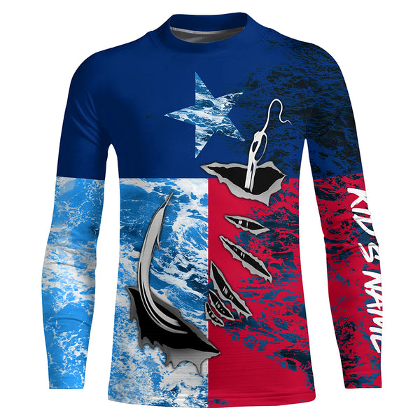 Texas Flag Fish Hook Custom Name Uv Long Sleeve Fishing Shirts With Ocean Waves Texture IPHW5067